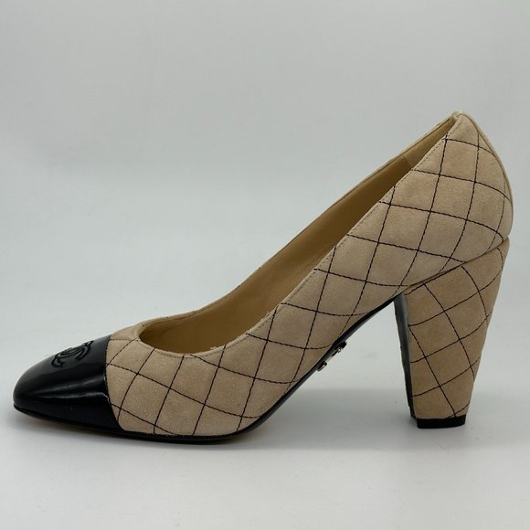 CHANEL 22B Quilted Suede Patent Cap Toe Pumps Heels Shoes - Picture 2 of 14
